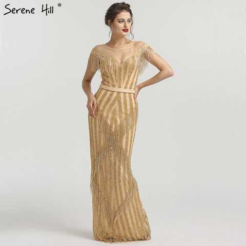 En oferta, sin devoluciones ni reembolsos. Vestidos de noche de sirena dorados de lujo sin mangas, elegantes vestidos de noche brillantes LA6543