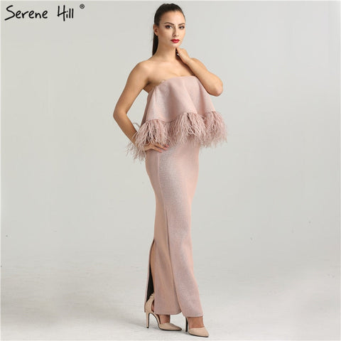 Robe de soirée sirène autruche sans manches, plumes et perles Hill QA8021