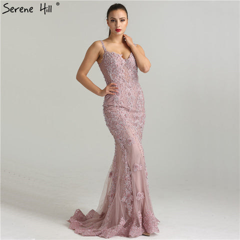 Robe de soirée sirène rose sexy et élégante, en dentelle, avec des diamants et des perles, photo réelle, LA6355, 2025