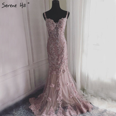 Robe de soirée sirène rose sexy et élégante, en dentelle, avec des diamants et des perles, photo réelle, LA6355, 2025