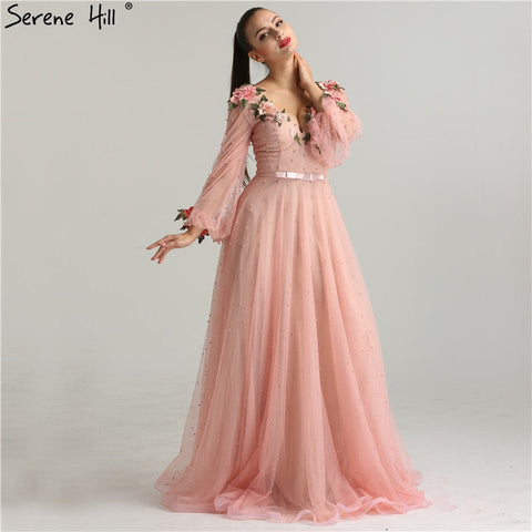 Robe de soirée trapèze sexy à manches lanternes, rose pêche, paillettes, perles, fleurs, style LA6342