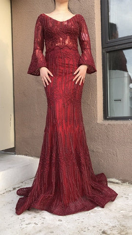 Robe de soirée luxueuse à manches longues et col en V, style sirène, perles et cristaux, en solde, sans retour ni remboursement, 2025 LA6489