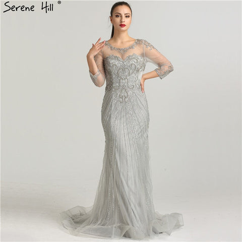 Robe de soirée sirène transparente à manches longues et perles en tulle pailleté LA6395