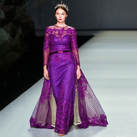 Robe de soirée violette à manches longues, en solde, sans retour ni remboursement, LA6548