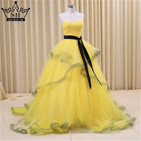 Vestido de novia de tul con volantes, vestido de baile con cuentas, amarillo, con cola de corte