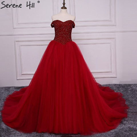 Luxury Beading Burgundy Crystal Puffy Ball Gown Princess Wedding Dresses