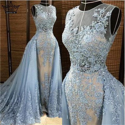 Mermaid Evening Dress Long Light Blue Sleeveless Tulle Formal HA2114