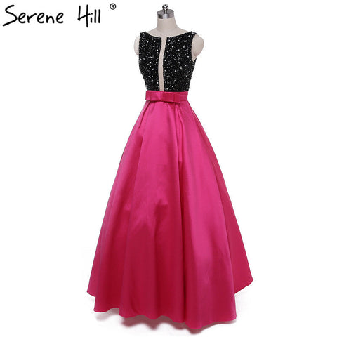 Robe de soirée longue en satin rouge rose sans manches, dos nu, avec perles, sans retour, LA6020