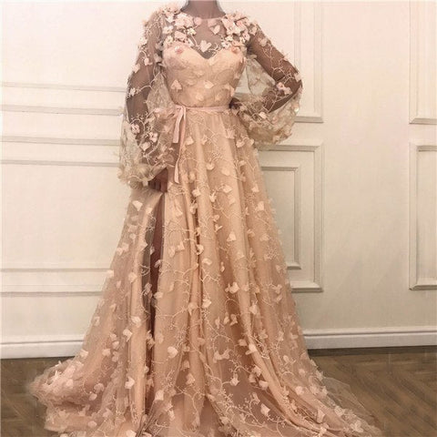 Robe de soirée pêche à manches longues et fleurs faites à la main LA6496