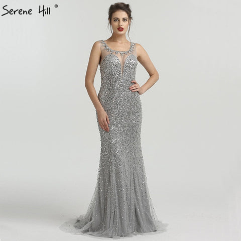 En solde, aucun retour ni remboursement. Robe de soirée élégante et luxueuse, sans manches, style sirène, paillettes scintillantes, grise, LA6580