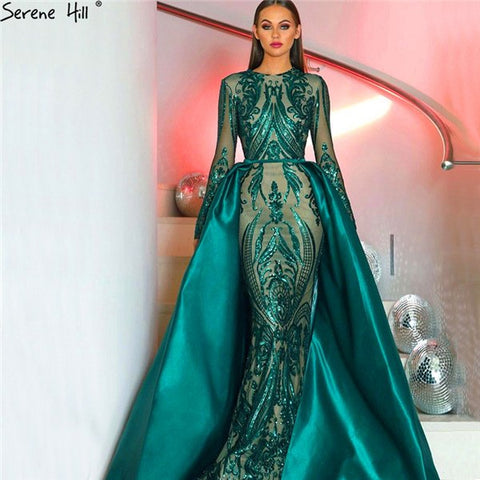 Green Long Sleeves Luxury Mermaid Evening Dress Appliques Sequined Fashion With Train Evening Gowns 2025 LA6613