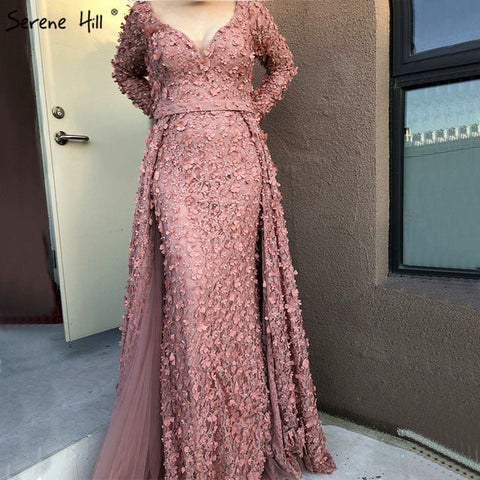 Blush Pink Long Sleeves Evening Dresses Handmade Flowers Pearls LA6650