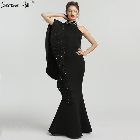 Robe de soirée sirène noire à col montant et perles, élégante, sans manches, longue, QA8024