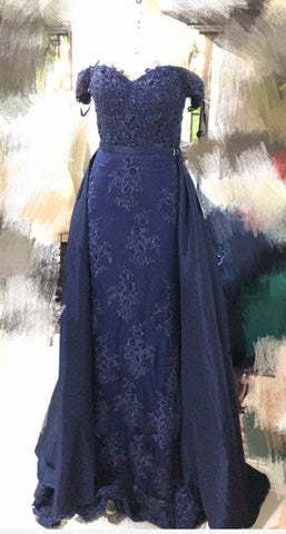 Robe de soirée en dentelle bleu marine à épaules dénudées et perles, sans manches, LA6565