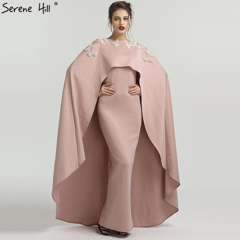 Robe de soirée musulmane rose à col rond et châle en fil QA8023.