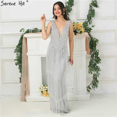 Dubai Design Silver Sexy Deep-V Evening Dress Sequined LA6674