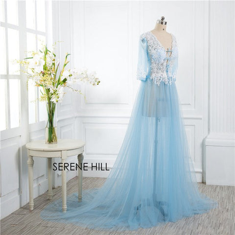 Robe de soirée bleue transparente à manches longues, taille personnalisée, grande taille HA2098