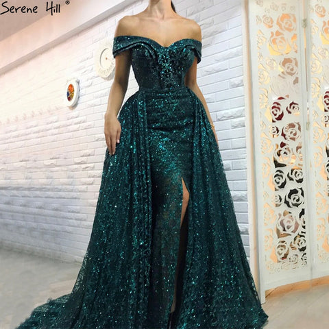 Off Shoulder Removable Train Sexy Evening Dresses Dark Green Glitter Long Mermaid LA6362