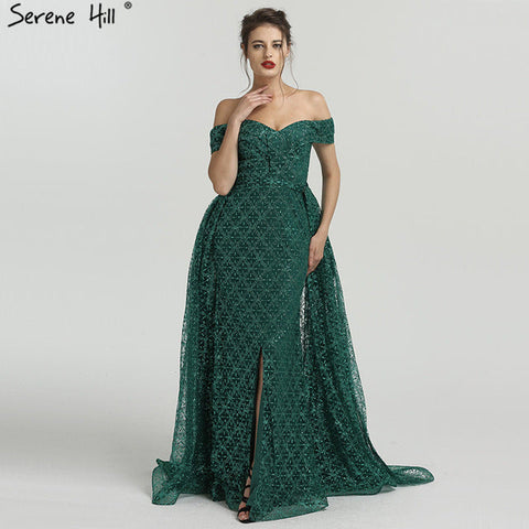 Off Shoulder Removable Train Sexy Evening Dresses Dark Green Glitter Long Mermaid LA6362