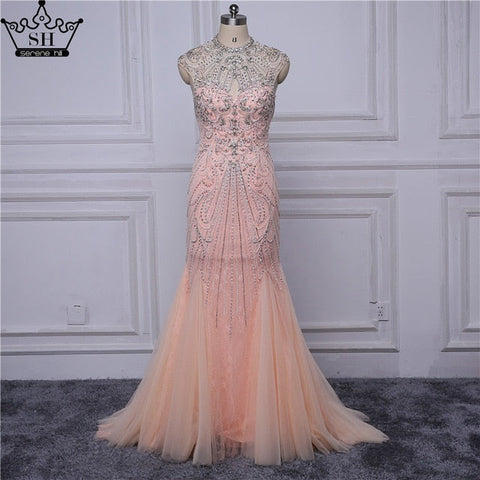 Mermaid Evening Dresses O-Neck Rhinestones Beading Formal Evening Party Dress LA6187