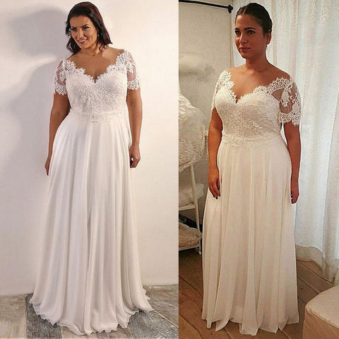Robe de mariée grande taille en mousseline de soie, coupe trapèze, avec appliques en dentelle perlée, manches courtes, lacets dans le dos, taille 28W