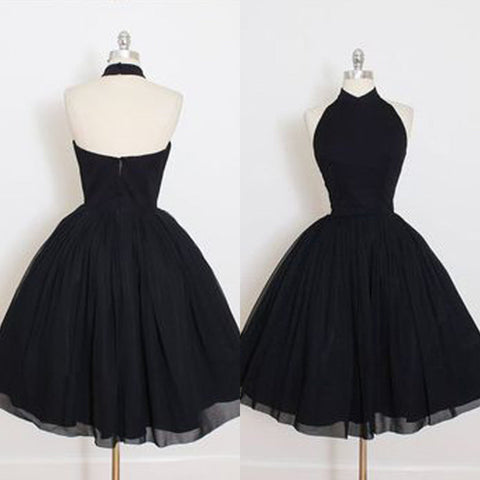 Vestido de baile de tul negro sin mangas con escote halter y corte en A para la mitad del vestido de graduación 
