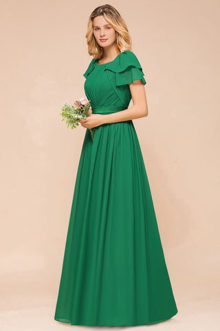 Puff Sleeve Floor Length Bridesmaid Dress A-line Wedding Guest Dress