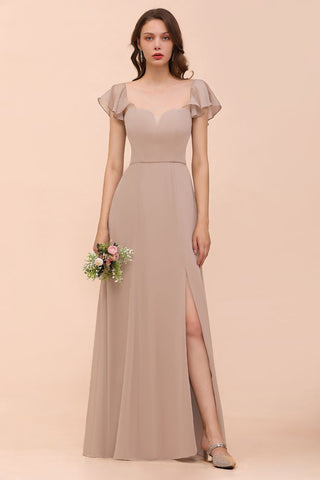 Puff Sleeve Khaki Bridesmaid Dress Side Spolit Maid of honor dress