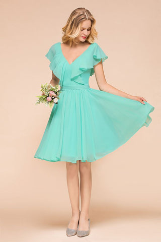 Puffy Knee Length Bridesmaid Dress Chiffon V-Neck Casual Short Dress