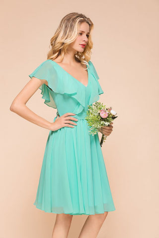 Puffy Knee Length Bridesmaid Dress Chiffon V-Neck Casual Short Dress
