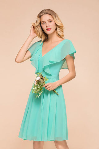 Puffy Knee Length Bridesmaid Dress Chiffon V-Neck Casual Short Dress