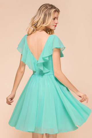 Puffy Knee Length Bridesmaid Dress Chiffon V-Neck Casual Short Dress