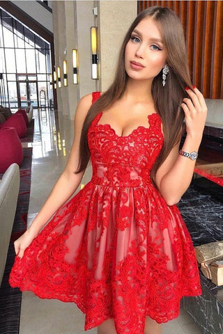 Red A-line Sweetheart Lace Short Prom Dresses