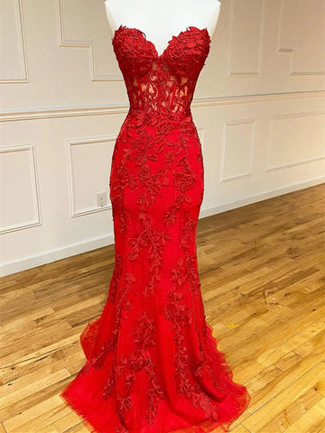 Red Long Mermaid Sweetheart Open Back Lace Prom Dresses with Train