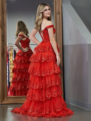 A Line Off the Shoulder Corset Prom Dress with Lace Ruffles