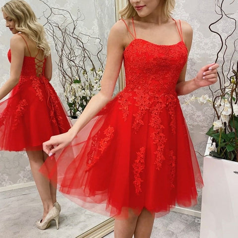Red Short A-line Strapless Tulle Lace Backless Prom Homecoming Dresses