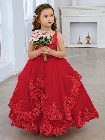 Princess Sleeveless Tulle Gown with Lace Appliques and Sweep Train for Girls