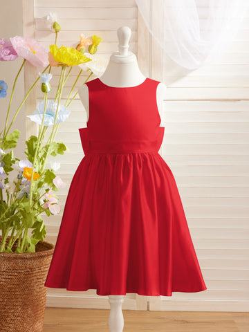 Elegant A-line Satin V-Back Bow Knee-length Flower Girl Dress
