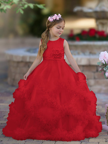 A-line Satin Tulle Floor-length Cascading Ruffles Flower Girl Dress