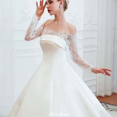 Romantic Lace Princess Satin Wedding Dress| Aline Bridal Gown with Cathedral Train