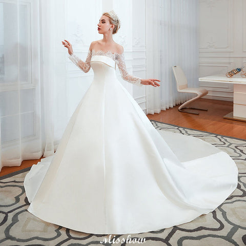 Romantic Lace Princess Satin Wedding Dress| Aline Bridal Gown with Cathedral Train
