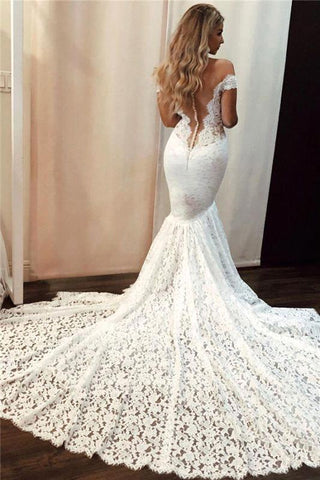 Romantic Long Off the Shoulder Appliques Lace Mermaid Wedding Dress