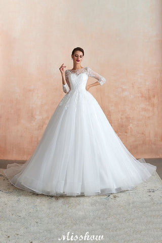 Romantic Long Sleeve Lace Ball Gown Tulle Fully Covered Buttons Aline Wedding Dress with Court Train