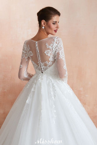Romantic Long Sleeve Lace Ball Gown Tulle Fully Covered Buttons Aline Wedding Dress with Court Train