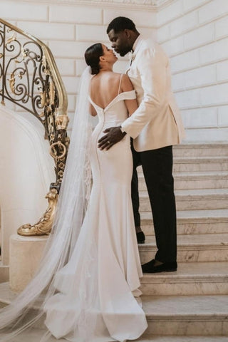 Romantic spaghetti straps cap sleeves mermaid satin Wedding dress