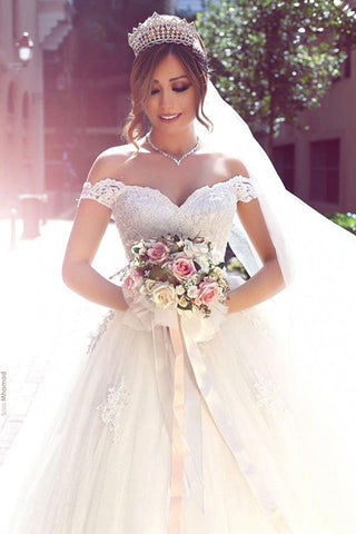 Romantic White Long A-line Off The Shoulder Sweetheart Wedding Dresses With Lace