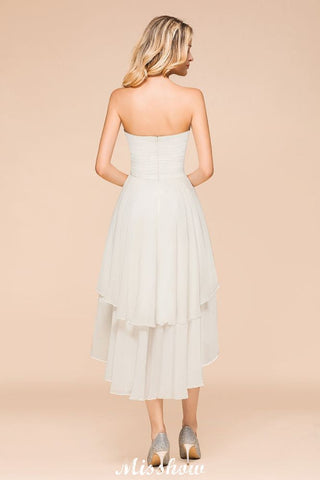 Romantic White/Ivory Sweetheart Hi-Lo Bridesmaid Dress Sleeveless Beach Wedding Guest Dress