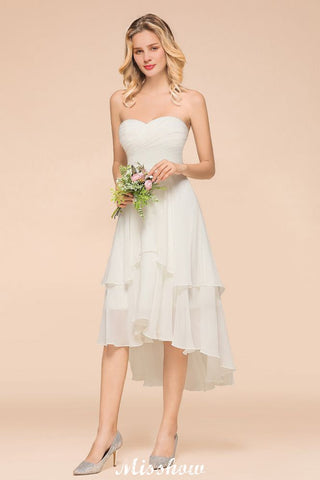 Romantic White/Ivory Sweetheart Hi-Lo Bridesmaid Dress Sleeveless Beach Wedding Guest Dress