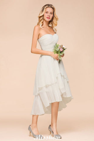 Romantic White/Ivory Sweetheart Hi-Lo Bridesmaid Dress Sleeveless Beach Wedding Guest Dress