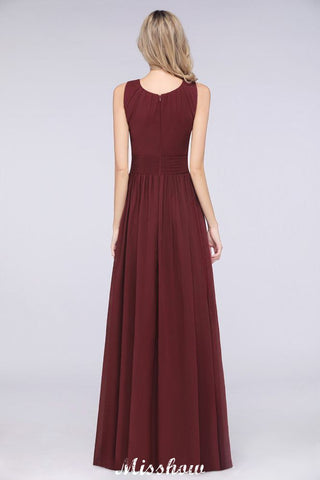 Round-Neck Floor-Length Ruffles Chiffon Bridesmaid Dress Aline Sleeveless Maid of Honor Dress